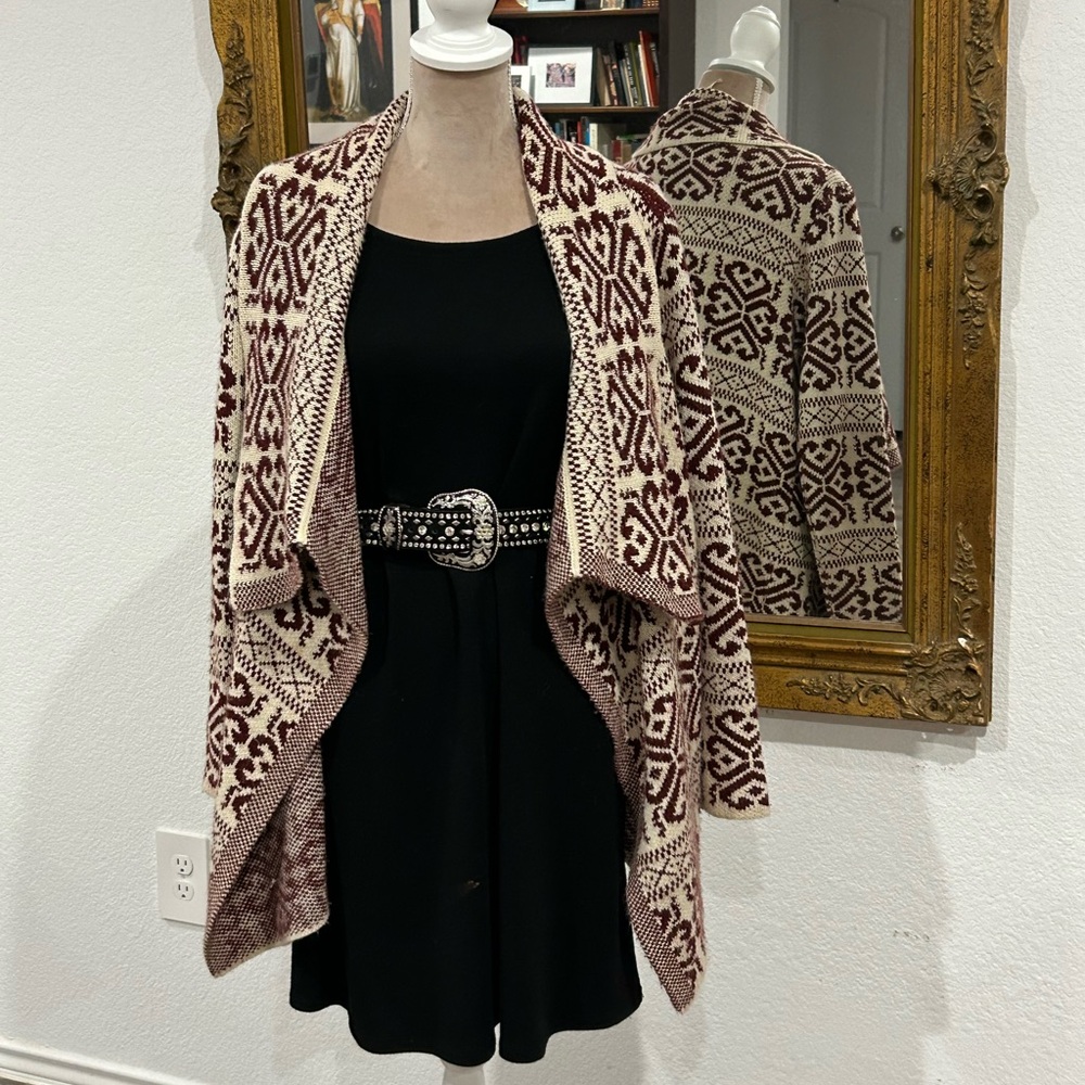 Southwestern Tribal Aztec Western Waterfall Open Front Cardigan Sweater Sz Med